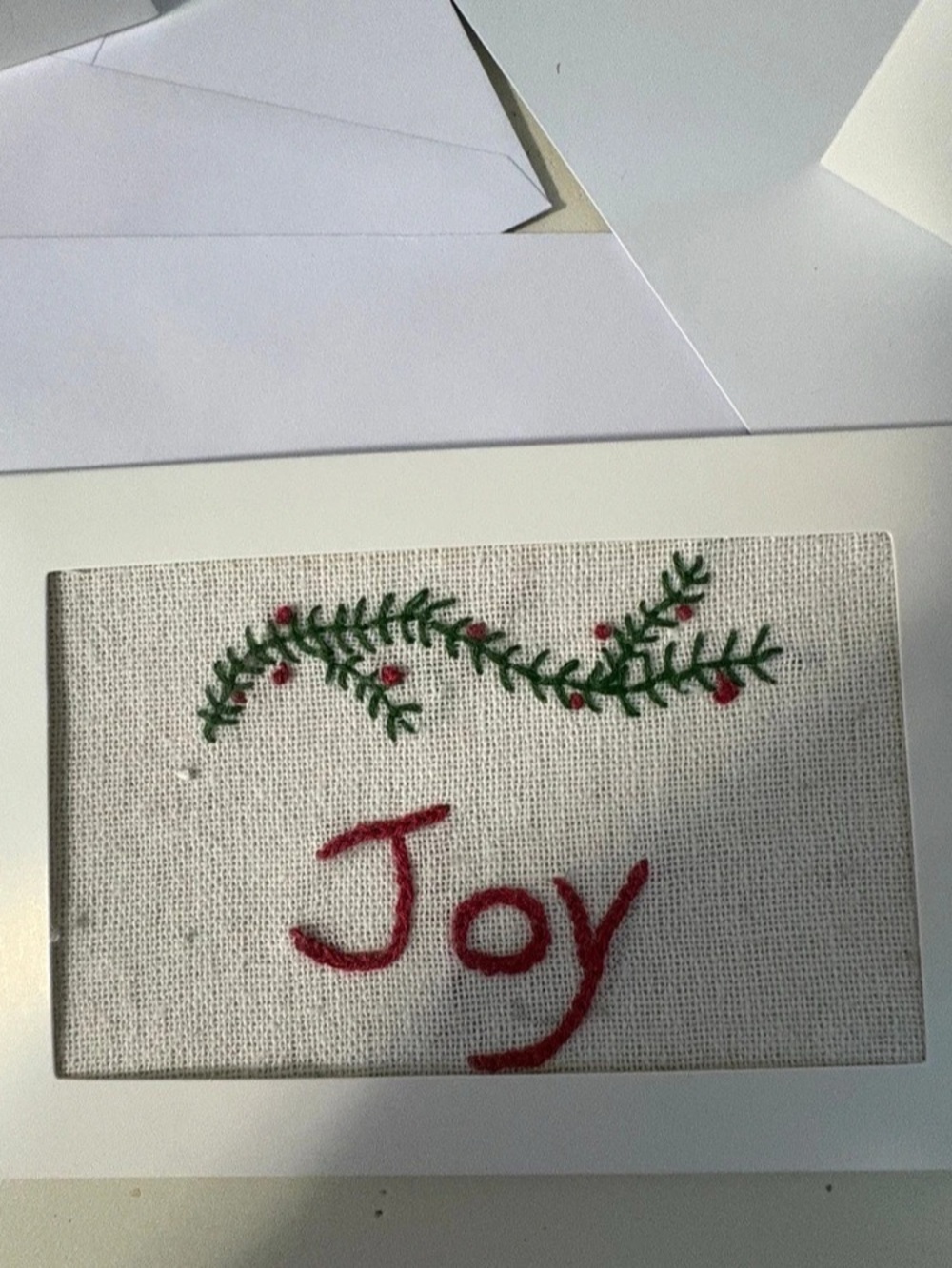 Three Handmade Embroidered Holiday Cards / Made with Vintage and rescued fabrics - Picture 2 of 6